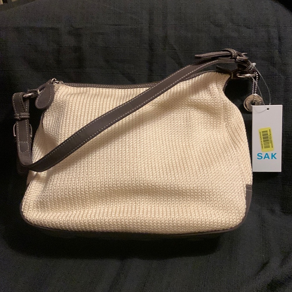 New Sax Shoulder Bag. Beige fabric trimmed with Brown leather.